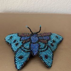 Vintage Large Beaded Butterfly Barrette Blue Teal Handmade Made  in France